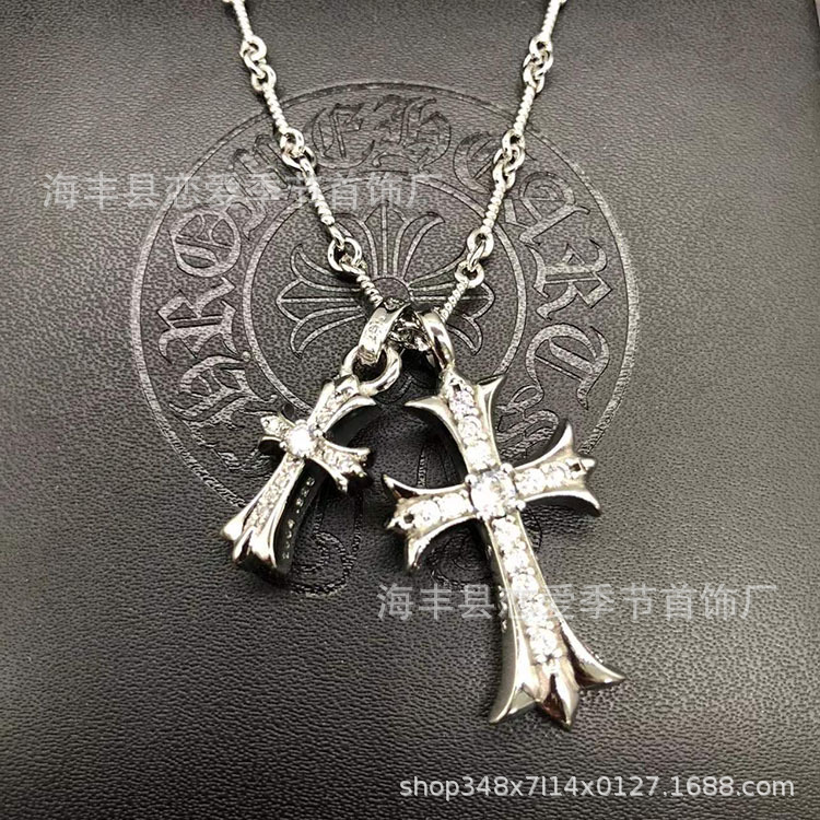 Crow new arrival full diamond double cross necklace retro pendant douyin popular jewelry male and female couple festival bamboo chain 1