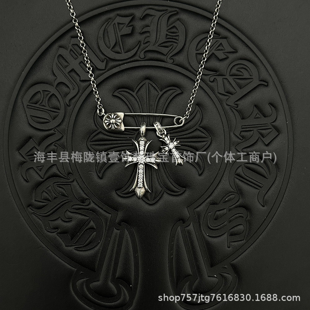 Ch crow heart 925 sterling silver double cross necklace for men and women neutralcouple necklace hand-engraved bamboo chain