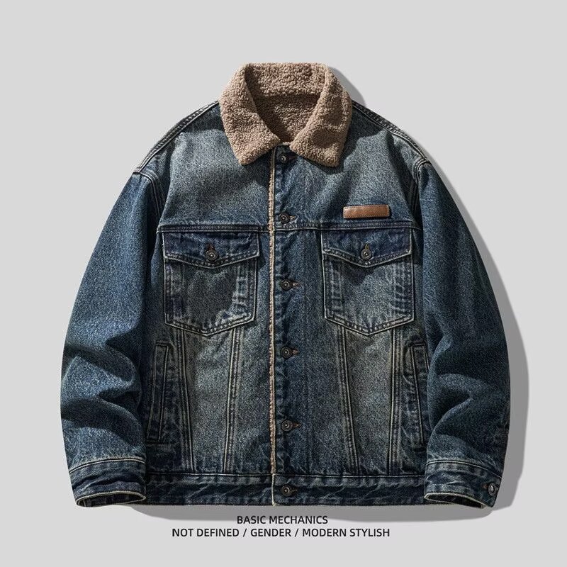 Plus size winter turn-down collar faux lambswool cotton coat men’s trendy brand thickened warm workwear denim jacket padded outerwear