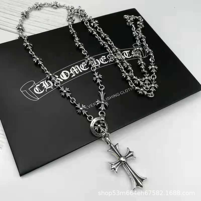 High-quality ch cross necklace for women, korean and japanese style, personalized long cross double pendant, vintage thai silver necklace 1