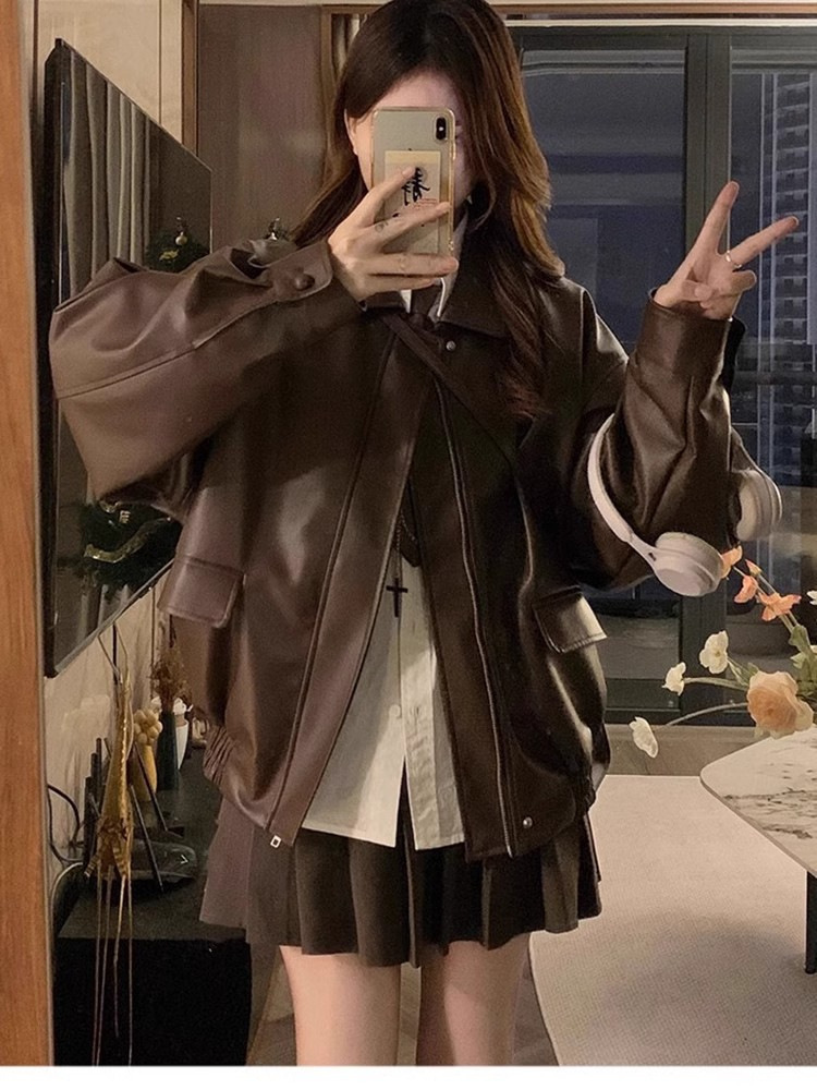 Cross-border new arrivaloutwear women’s autumn and winter loosecasual hong kong style petites wear motorcycle pu leather jacket wholesale trendy