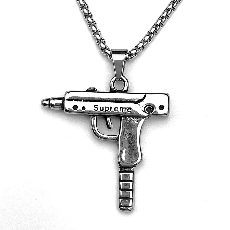 European and american cross-border new stainless steel hip-hop necklace fashion domineering men’s gun-shaped pendant jewelry factory wholesale