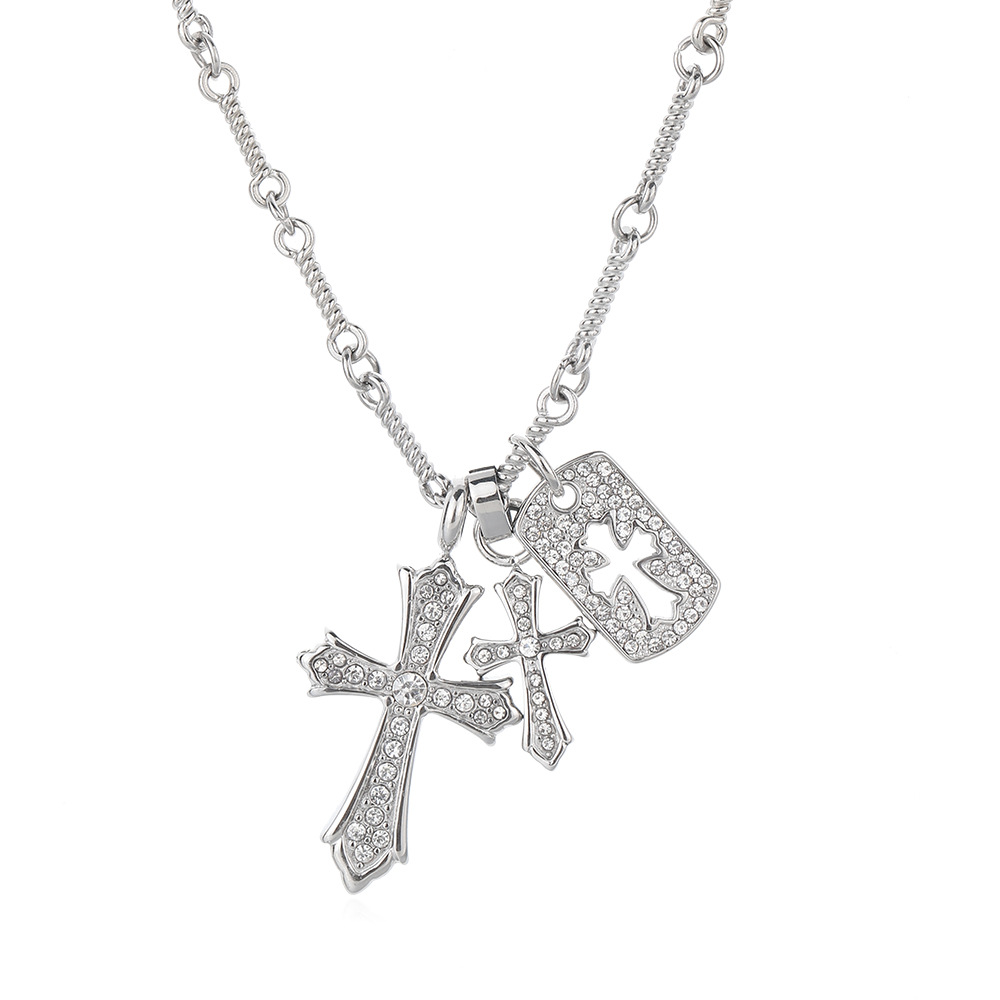 Cross-border new product cross full diamond titanium steel necklace for men easiest for matchclassy sense sweater chain non-fading jewelry necklace for women