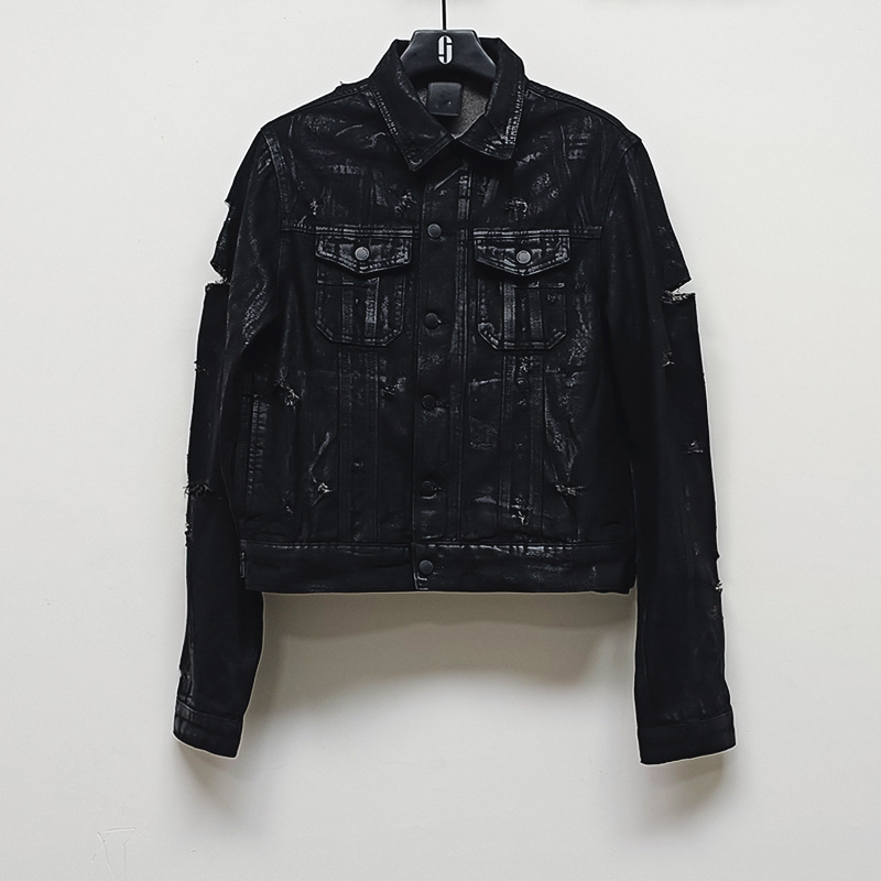D black brushed wax 04ss hedi homme style grids lapel hand torn large damage denim jacket outwear