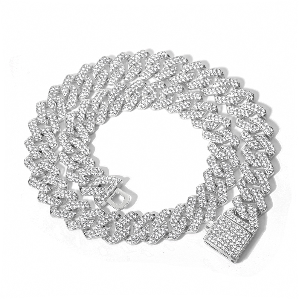European and american hip-hop 14mm full diamond rhombus cuban chain men’s necklace cross-border exclusive exaggerated clavicle chain necklace accessories