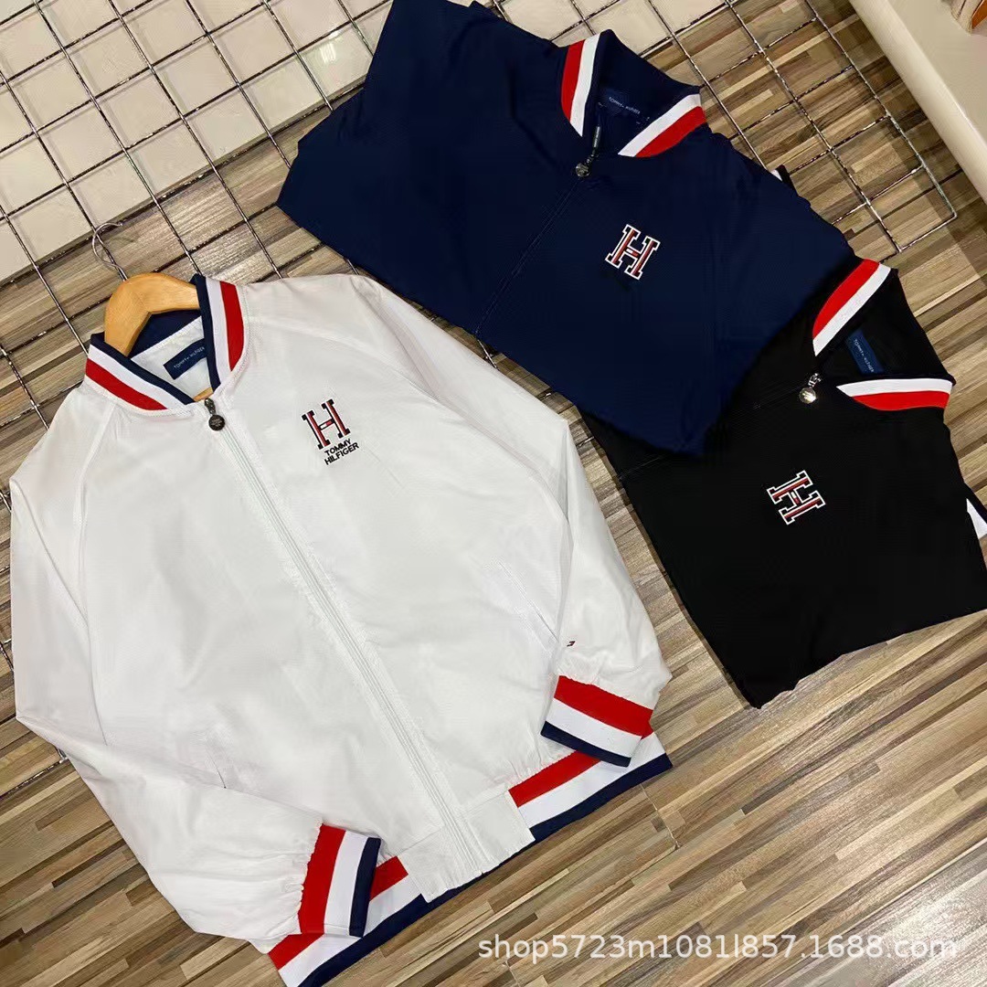 Dropshipping tommy tommy three-color strip high-definition high-quality men stand-up collar embroiderjacketoutwear youth