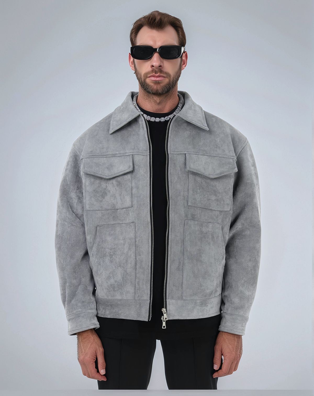 2025 new men’s cross-border jacket: european and american style trendy men’s jacket, suede zip-up jacket with large pockets