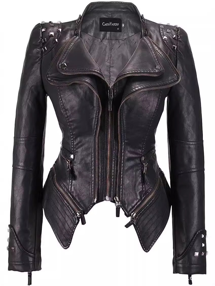 Women’s leather jacket 2025 spring new arrival: blazer collar, embroidered floral design, studded detailing, cinched waist, short length, washed pu leather jacket – export quality