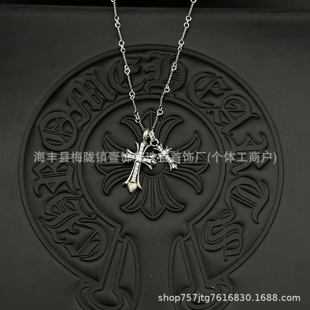 Ch crow heart 925 sterling silver double cross necklace for men and women neutralcouple necklace hand-engraved bamboo chain