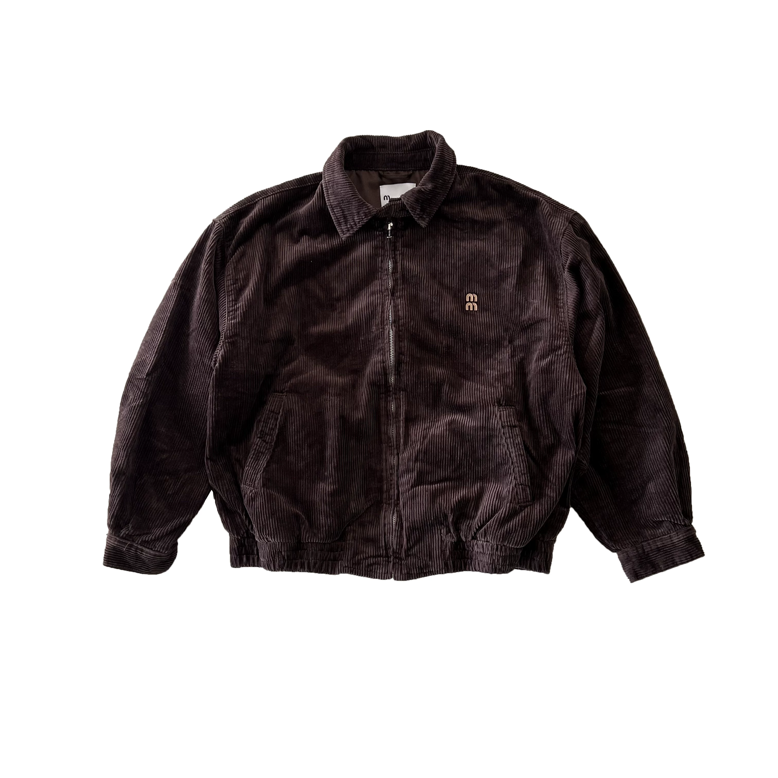 Ready-to-ship/m vintage distressed brown corduroy zip-up jacket with leather logo patch, relaxed fit casual outerwear