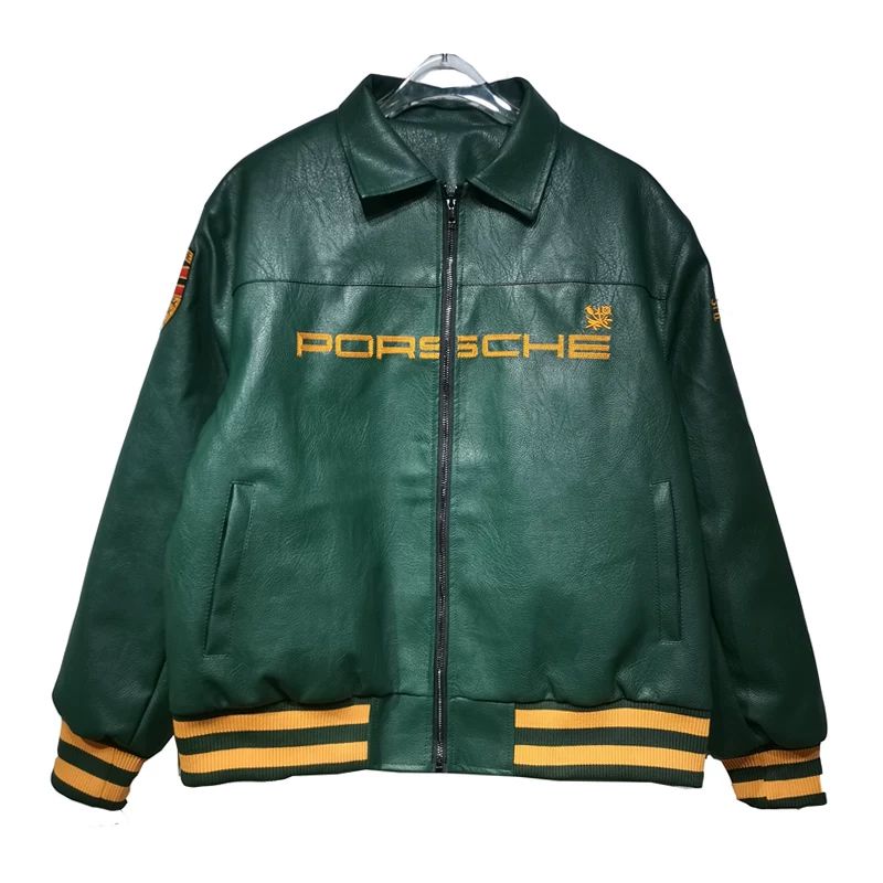 European and american fashion brand porsche racing jacket heavyweight micro badge embroidery retro leather jacket cotton outwear men’s and women’s tops