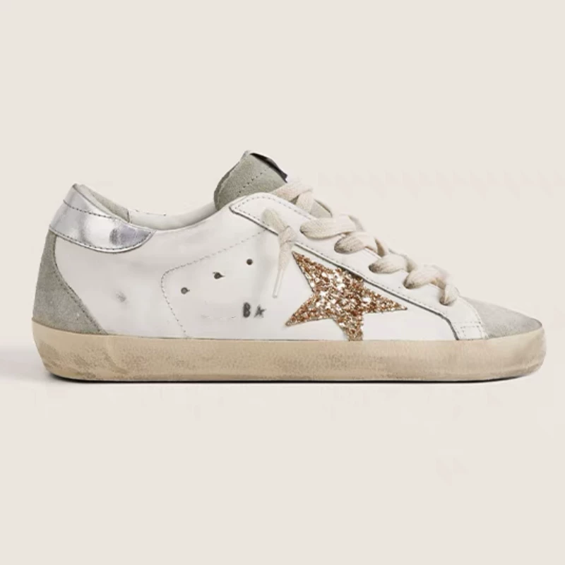2025 new second generation genuine leather distressed “dirty” sneakers – women’s star detail, casual, versatile, fashionable skate shoes, white sneakers for men