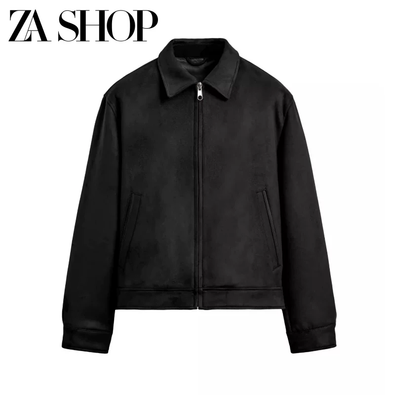 2025 autumn new men’s casual turn-down collar long sleeve suede-look slim fit straight leg jacket – style 3548150
